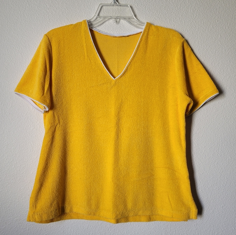 Vintage Yellow Terrycloth V Neck Shirt Gold White Tee
